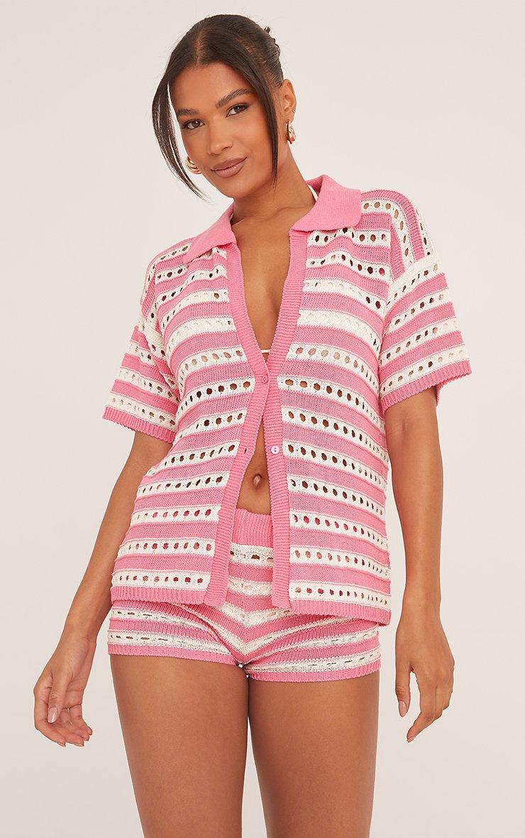Short Sleeve Shirt In Pink And White Stripe Crochet Knit | EGO US