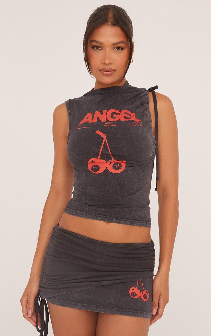 Sleeveless Cherry Graphic Ruched Top In Grey Acid Wash | EGO US | EGO