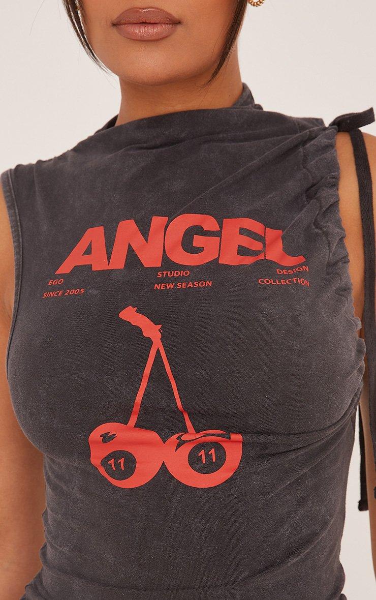 【cherry】THE TOE♡korinthos sleeveless Sleeveless Cherry Graphic Ruched Top In Black Acid Wash | EGO UK | EGO