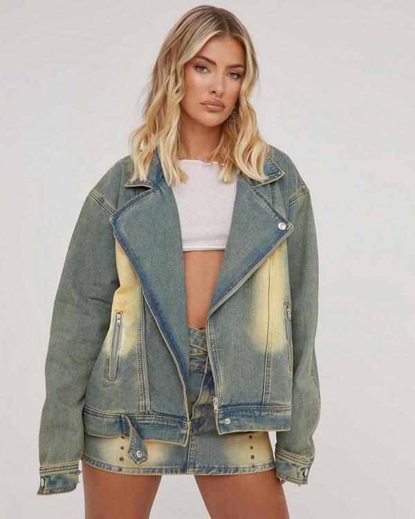 Oversized Biker Jacket In Blue Vintage Washed Denim | EGO