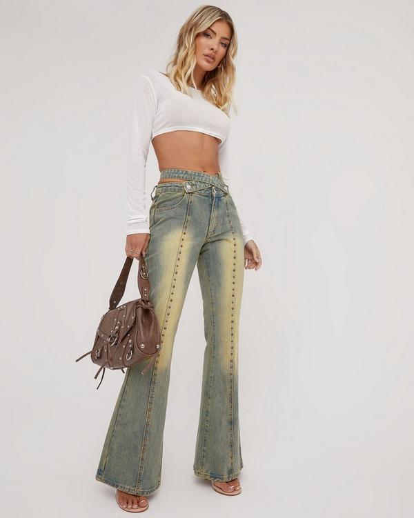 Strappy Waist Studded Detail Flared Jeans In Blue Vintage Washed Denim