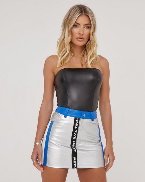 High Waist Metallic Motocross Detail Mini Bodycon Skirt In Multi Blue Faux Leather