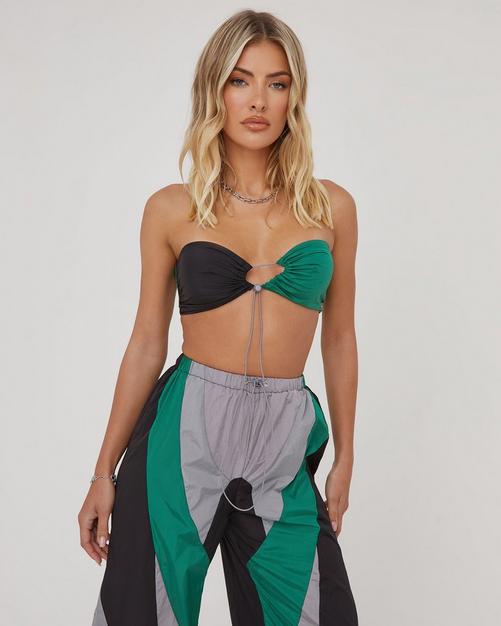 Green Crepe Bandeau Tie Front Crop Top