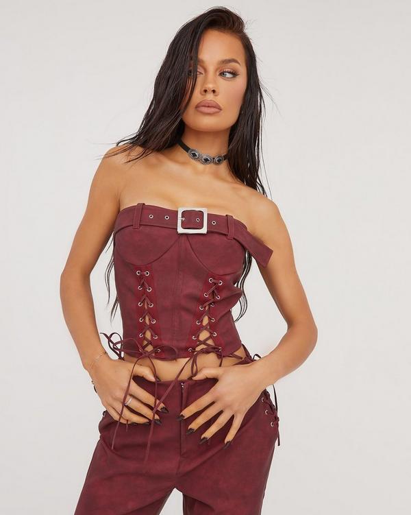 Bandeau Buckle Detail Lace Up Corset Top In Burgundy Faux Leather