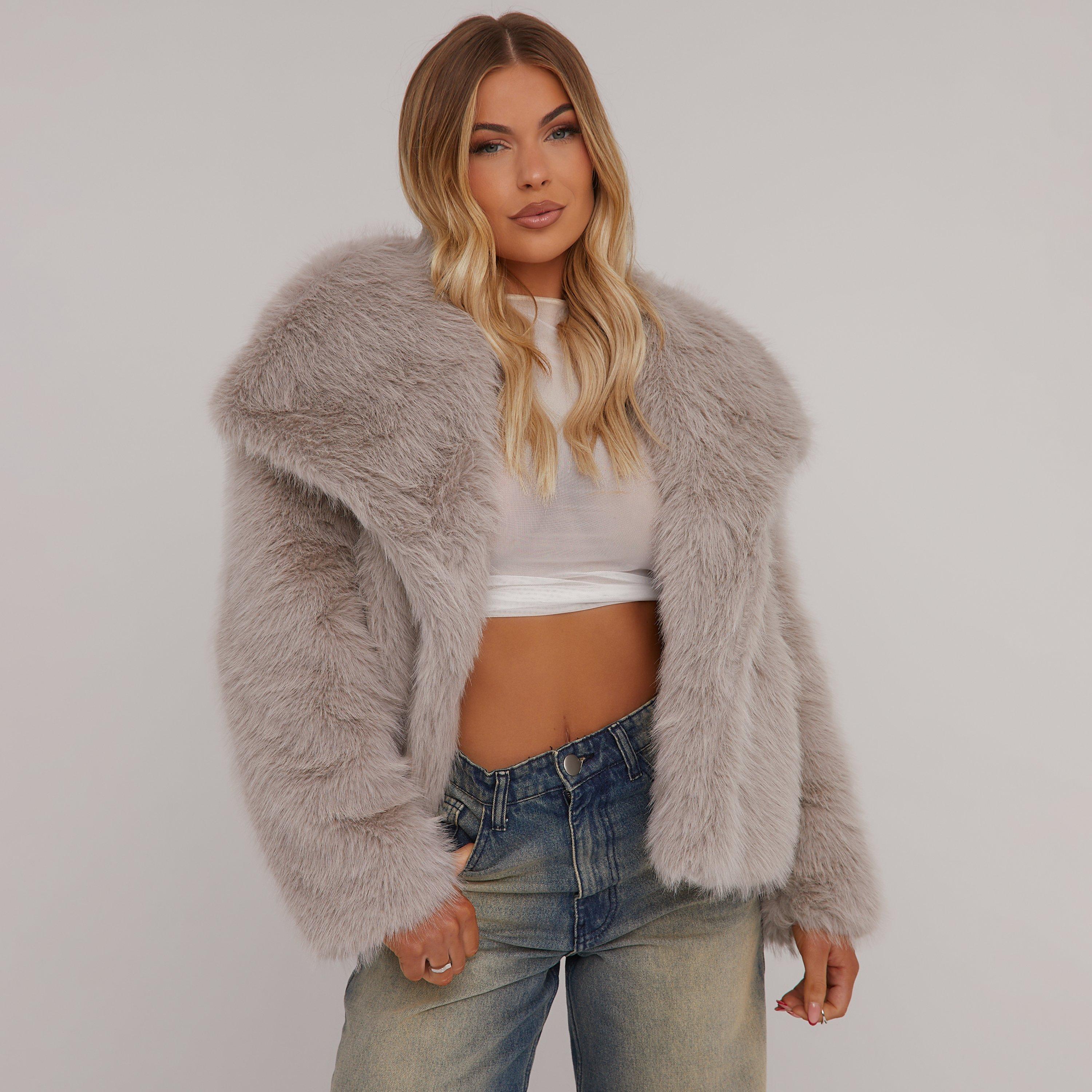 Oversized Collar Detail Cropped Jacket In Mink Faux Fur, Women's Size UK M-L