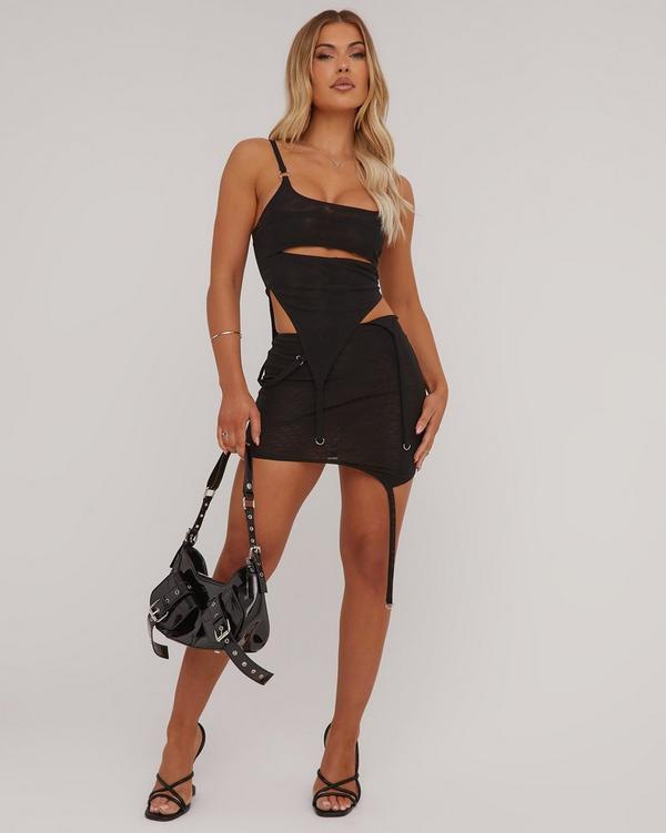 High Waist Ring Suspender Strap Detail Mini Bodycon Skirt In Black Power Mesh EGO