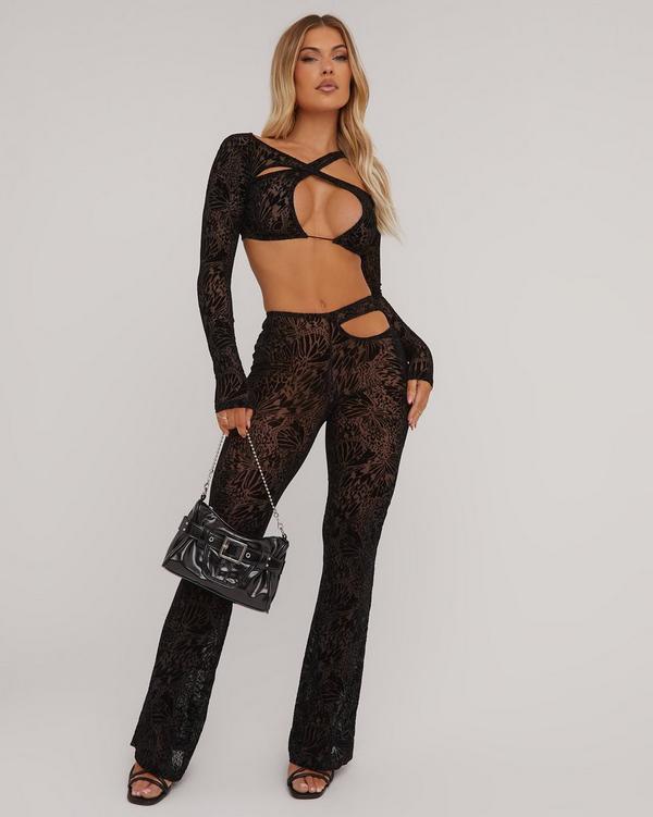 Long Sleeve Multi Strap Cut Out Detail Crop Top And Flared Trousers Co-Ord Set In Black Printed Mesh