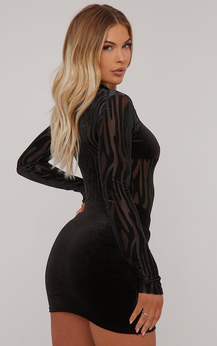 Long Sleeve Velvet Animal Print Detail Drape Front Mini Bodycon Dress In  Black Mesh | EGO AE | EGO