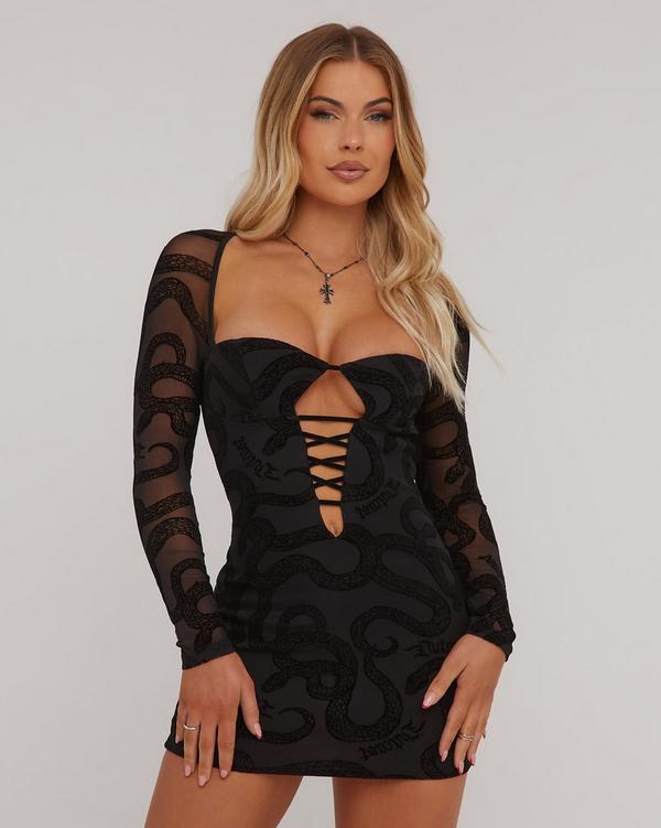 Black Strappy Mesh Detail Cut Out Bodycon Dress