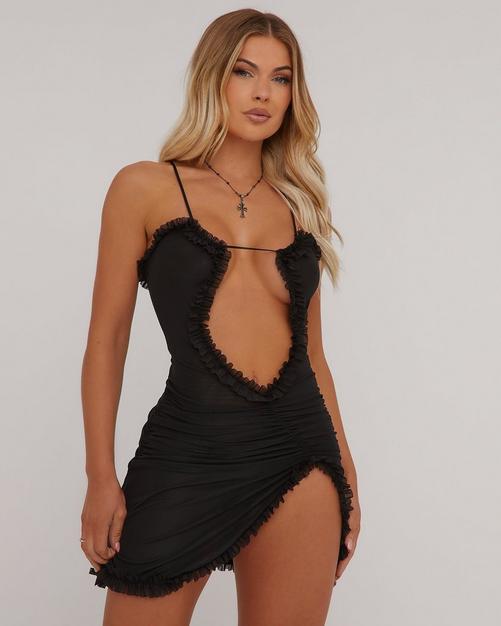 Women Lace Trim Mini Dress Sleeveless Tie Up Slit Short Bodycon Dress  Summer Backless Low Cut Party Going Out Dresses 