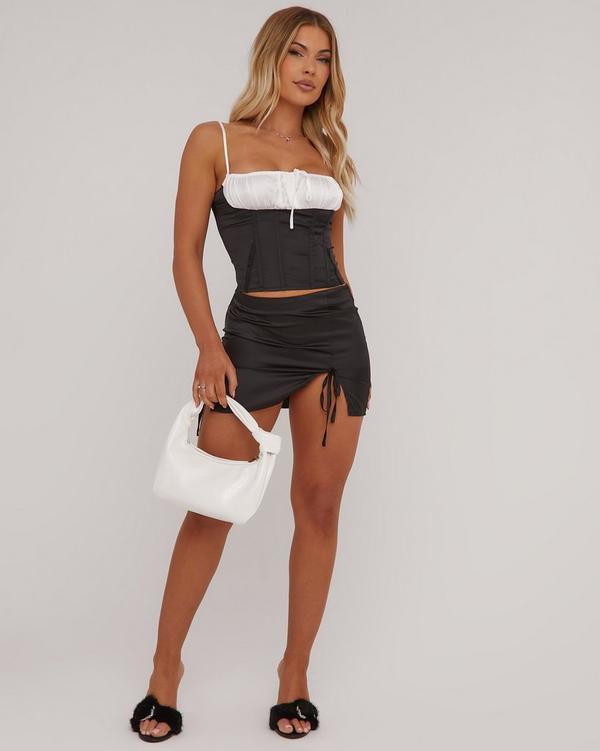 Black satin mini skirt hotsell with split