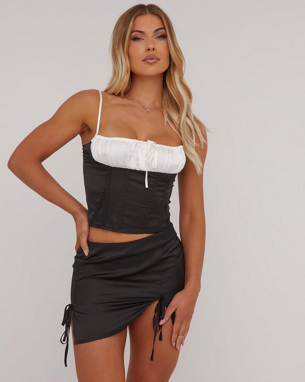 Strappy Contrast Tie Front Detail Cropped Corset Top In Black Satin