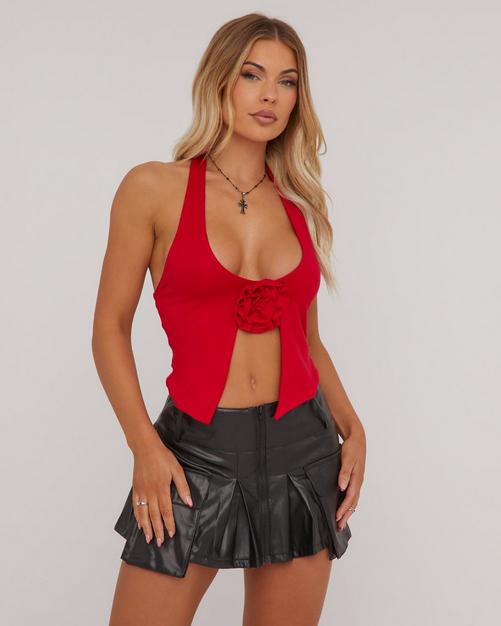 Plunge Lace Up Front Detail Utility Corset Top In Red