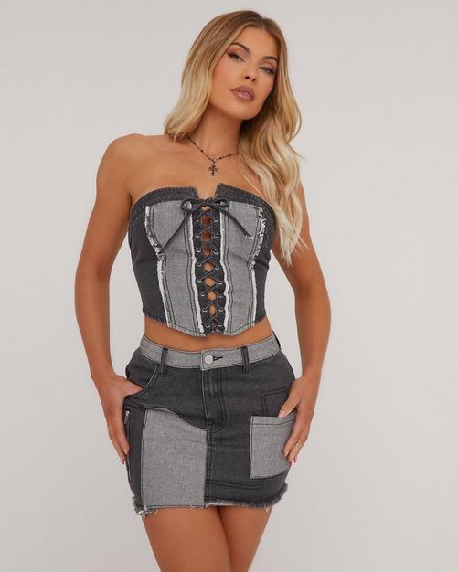 Fold Over Waist Flared Trousers In Grey Contrast Rib