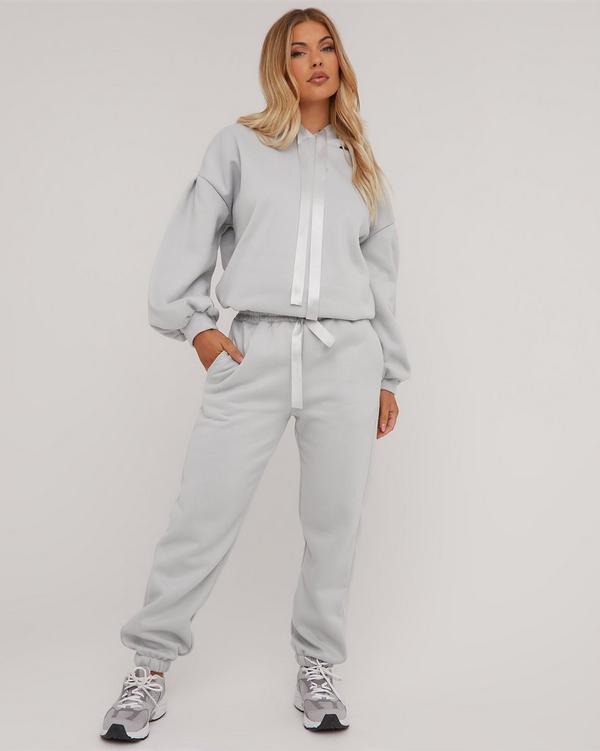 Ribbon Drawstring Detail Hoodie And Cuffed Hem Joggers Co Ord Set In Grey