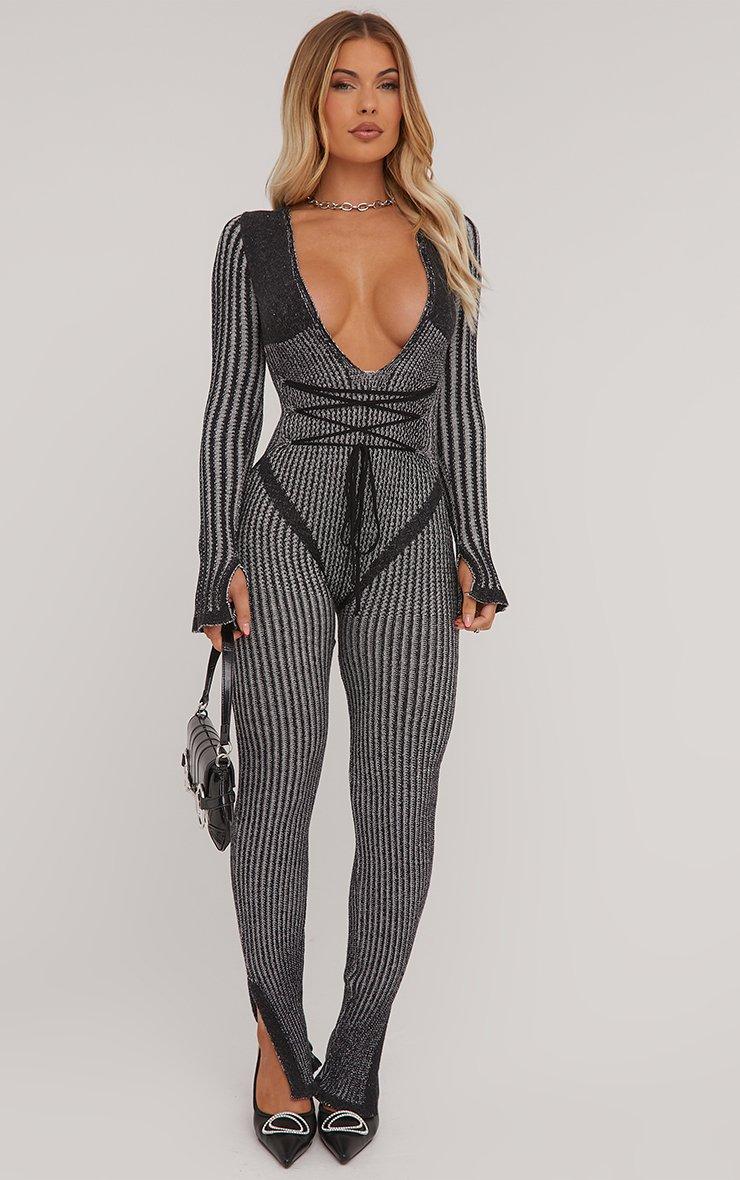 Long Sleeve Plunge Strappy Waist Detail Split Leg Jumpsuit Long Sleeve Plunge Strappy Waist Detail Split Leg Jumpsuit