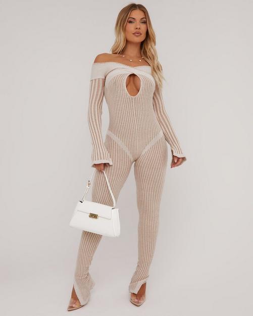 Long Sleeve Plunge Neck Boning Zip Up Detail Seamless Jumpsuit In