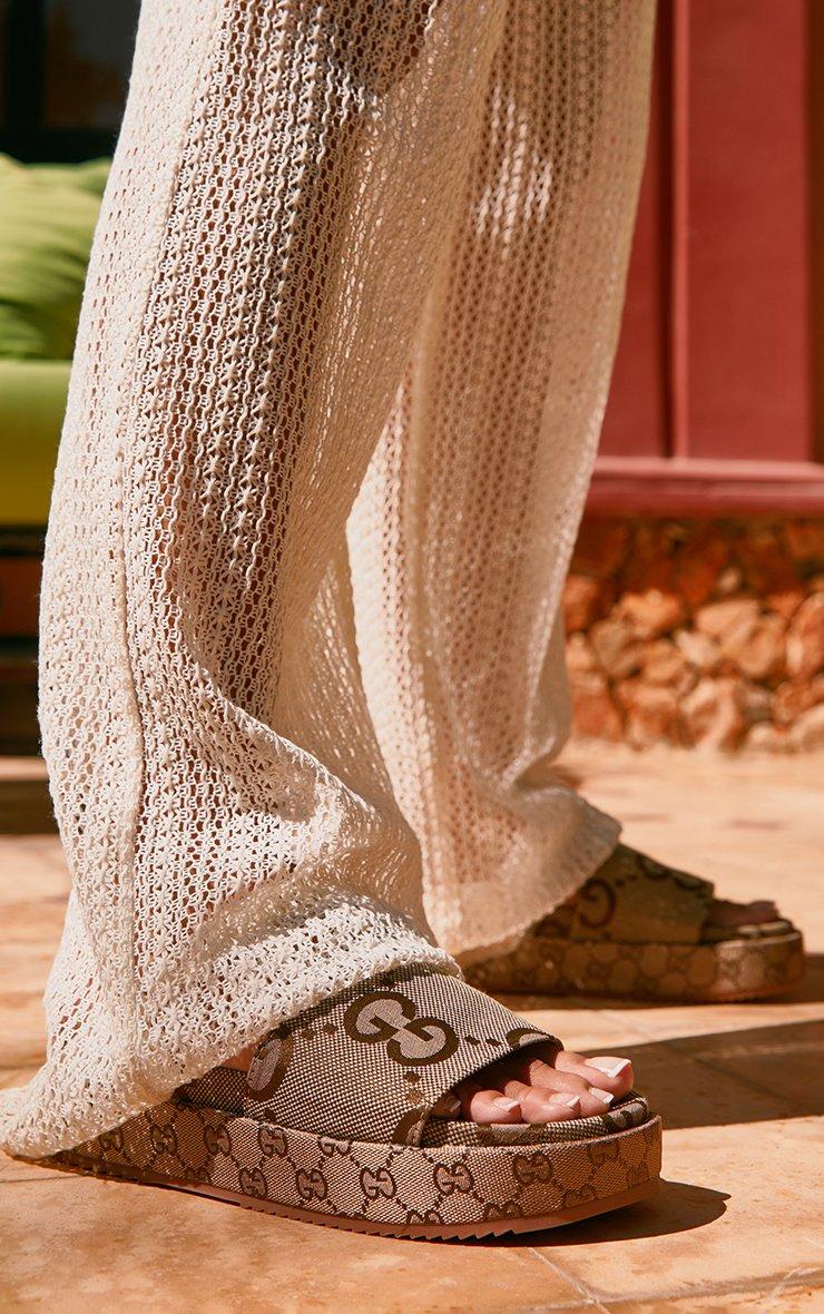 Manic Printed Detail Peep Toe Flatform Slider Sandal In Brown