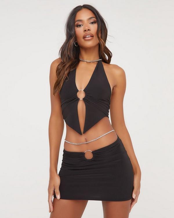 Black Slinky Halterneck Cold Shoulder Long Sleeve Crop Top