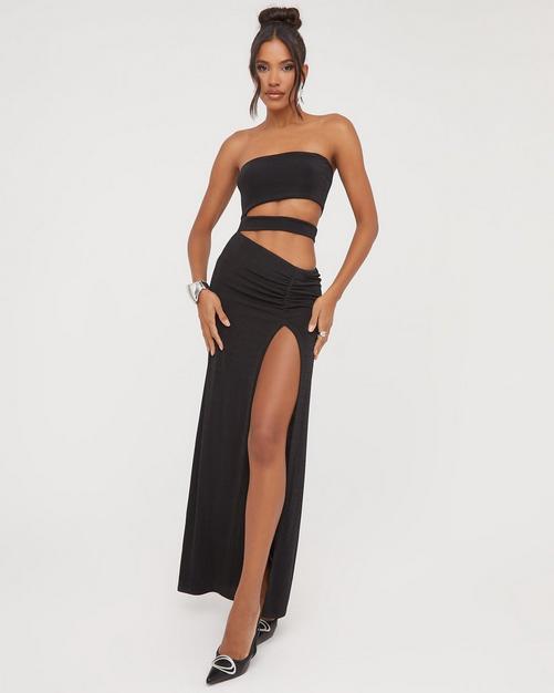 Rosette Cut Out Ruched Twisted Maxi Bodycon Vegas Dress In BLACK