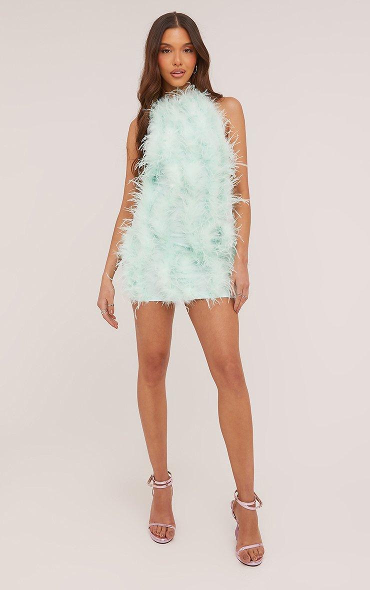 High Neck Open Back Mini Bodycon Dress In Mint Green Faux Feather | EGO US  | EGO