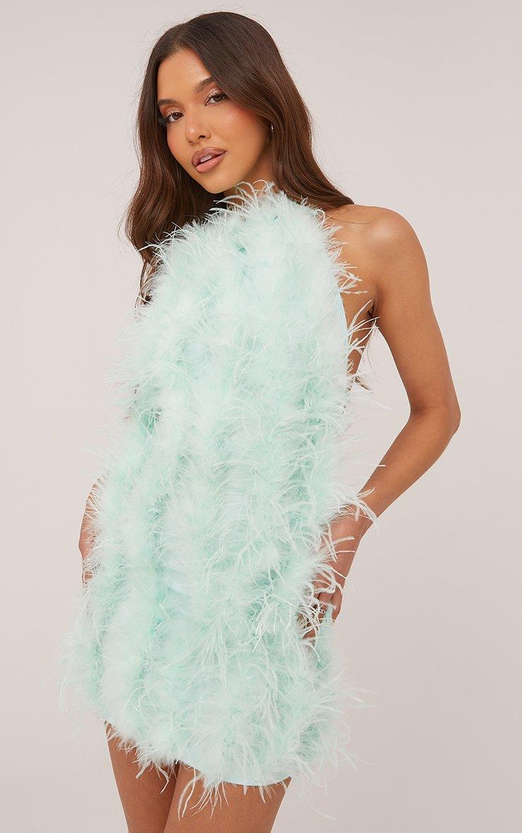 High Neck Open Back Mini Bodycon Dress In Mint Green Faux Feather | EGO US  | EGO