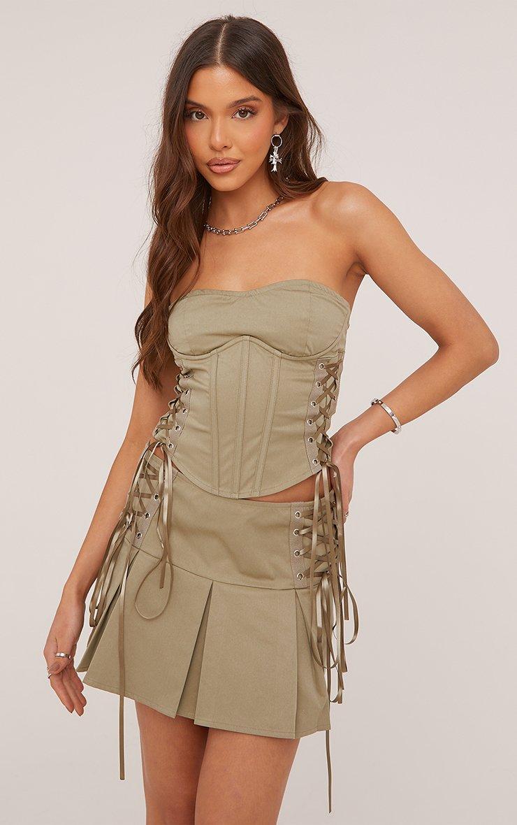 トップス EESETT&Co khaki Bandeau Lace Up Ribbon Detail Corset Top In Khaki Green | EGO US | EGO