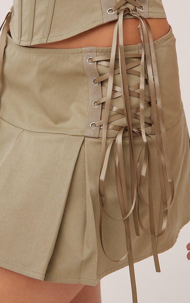 Lace Up Ribbon Detail Pleated Mini Skirt In Khaki Green | EGO US | EGO
