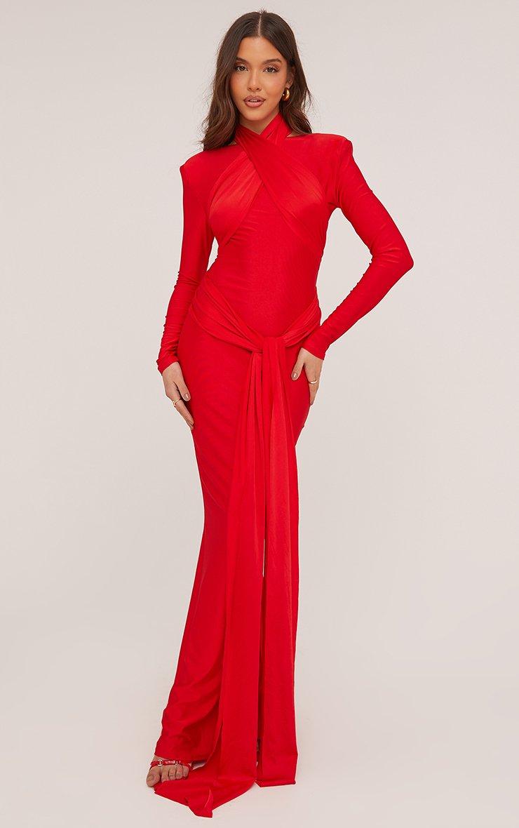 fitted lace wedding dress Red Faux Wrap Maxi Dress – New York & Company main image 1