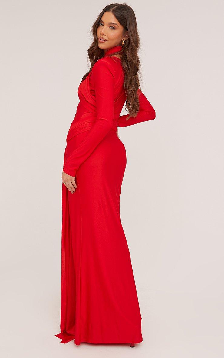 Long Sleeve Padded Shoulders Wrap Detail Maxi Dress In Red Slinky | EGO US  | EGO