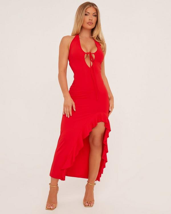 Plunge Tie Front Frill Side Split Maxi Dress In Red Slinky EGO