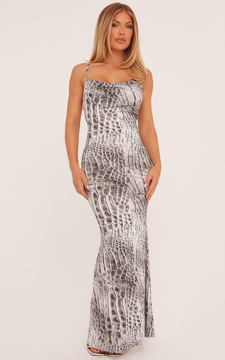 grey cowl neck maxi dress Silver Charmeuse Cowl Neck Thin Strap Sheath Long Bridesmaid Prom Dress main image 1