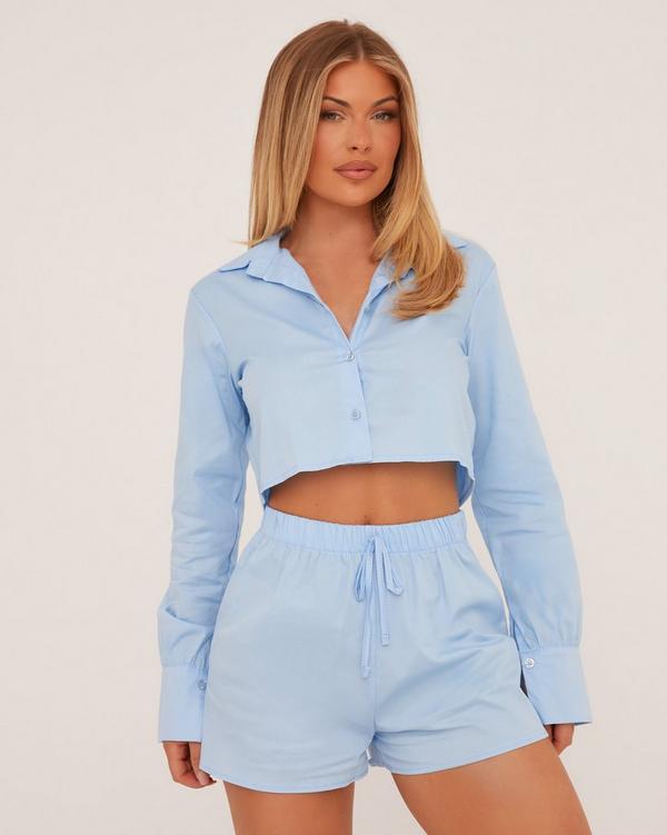 Long Sleeve Cropped Shirt And High Waist Shorts Co Ord Set In Blue EGO