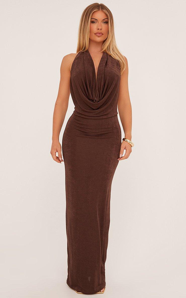 brown formal maxi dress Women's Dresses & Evening Gowns hugging silhouette with a flattering waist and a maxi skirt Elena Coffee Brown Maxi Dress