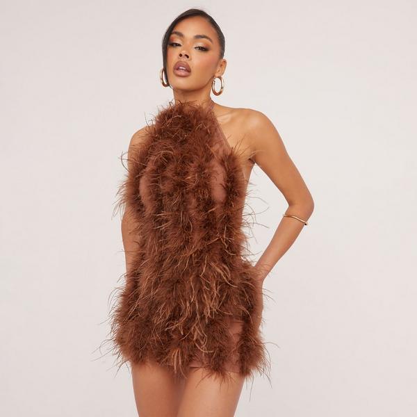 High Neck Open Back Mini Bodycon Dress In Brown Faux Feather | EGO