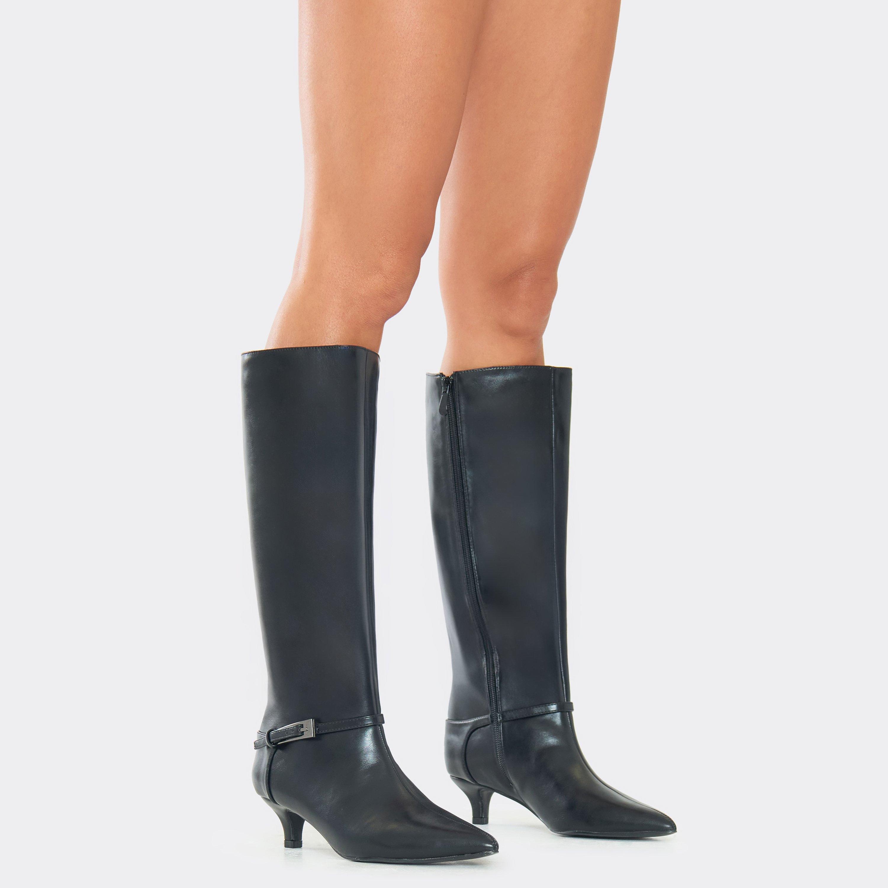 Spring Buckle Detail Pointed Toe Knee High Kitten Heel Boot In Black Faux Leather, Women's Size UK 3