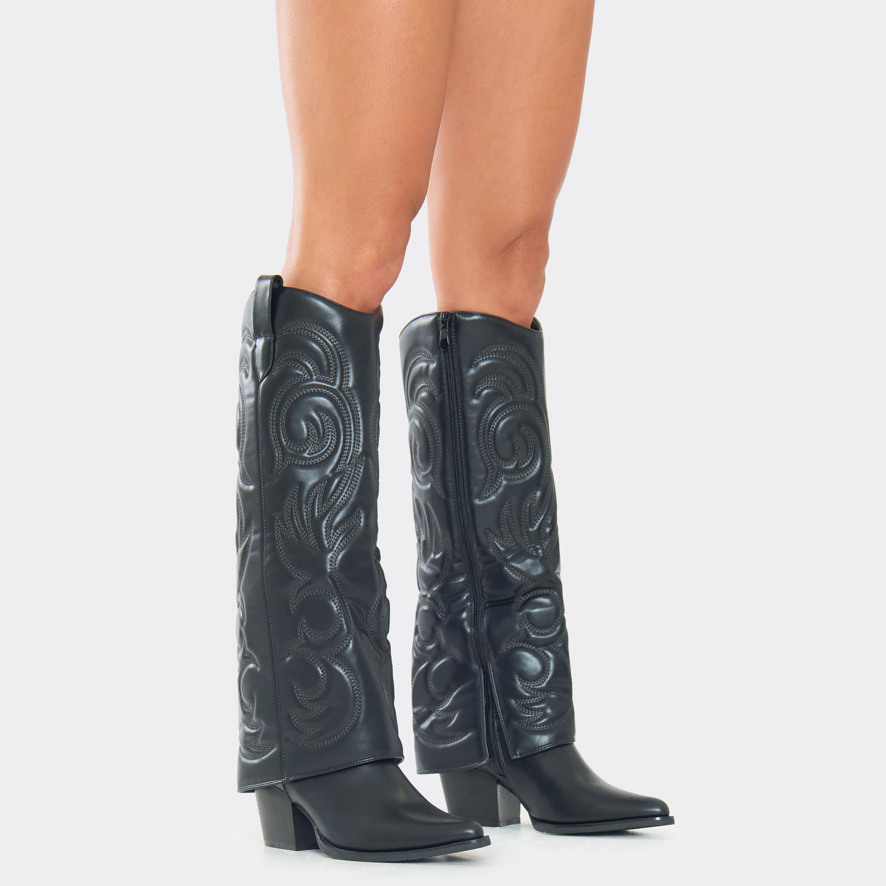 Charmer Embroidered Layered Detail Pointed Toe Knee High Western Cowboy Boot In Black Faux Leather, Women’s