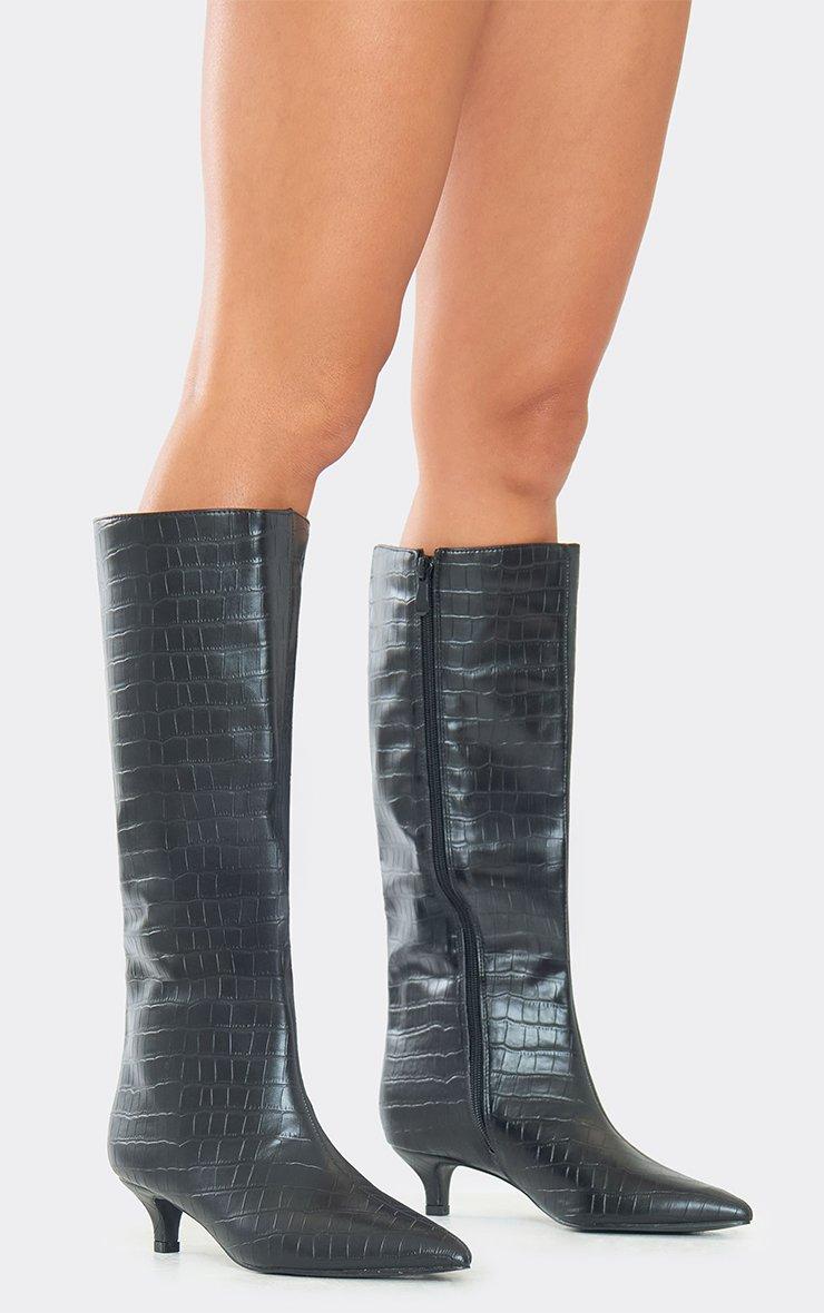 Fruity Pointed Toe Knee High Kitten Heel Boot In Black Croc Print
