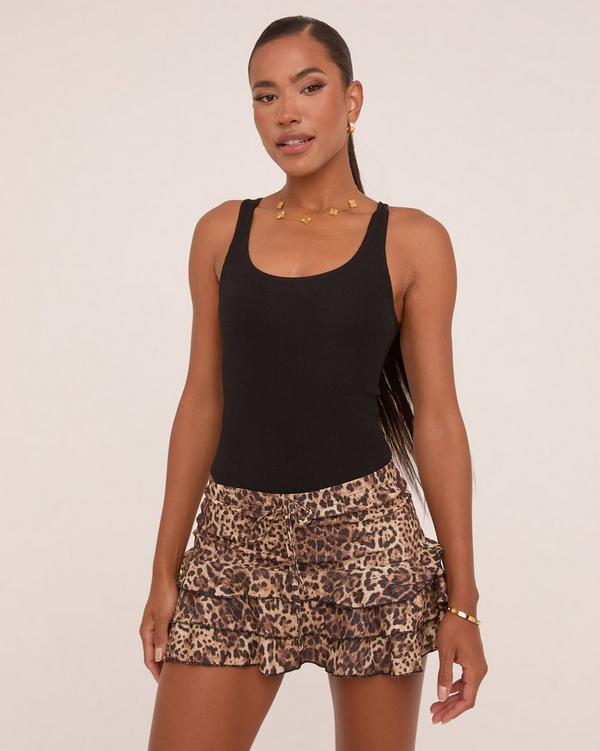 Tie Waist Frilly Mini Skirt In Brown Leopard Print Texture
