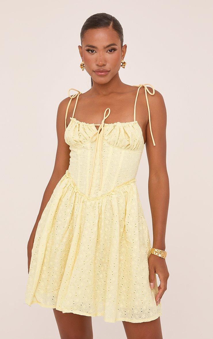 Strappy Tie Front Corseted Skater Mini Broderie Dress In Yellow | EGO US |  EGO