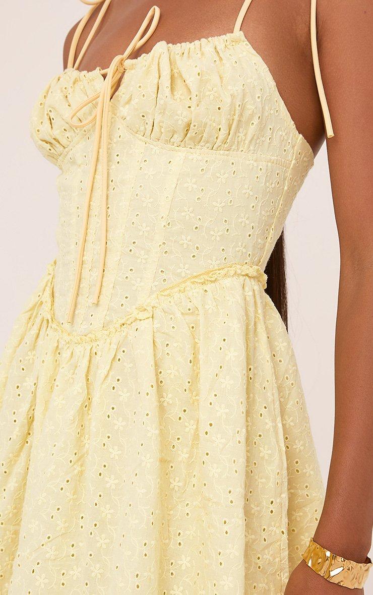 Strappy Tie Front Corseted Skater Mini Broderie Dress In Yellow | EGO US |  EGO
