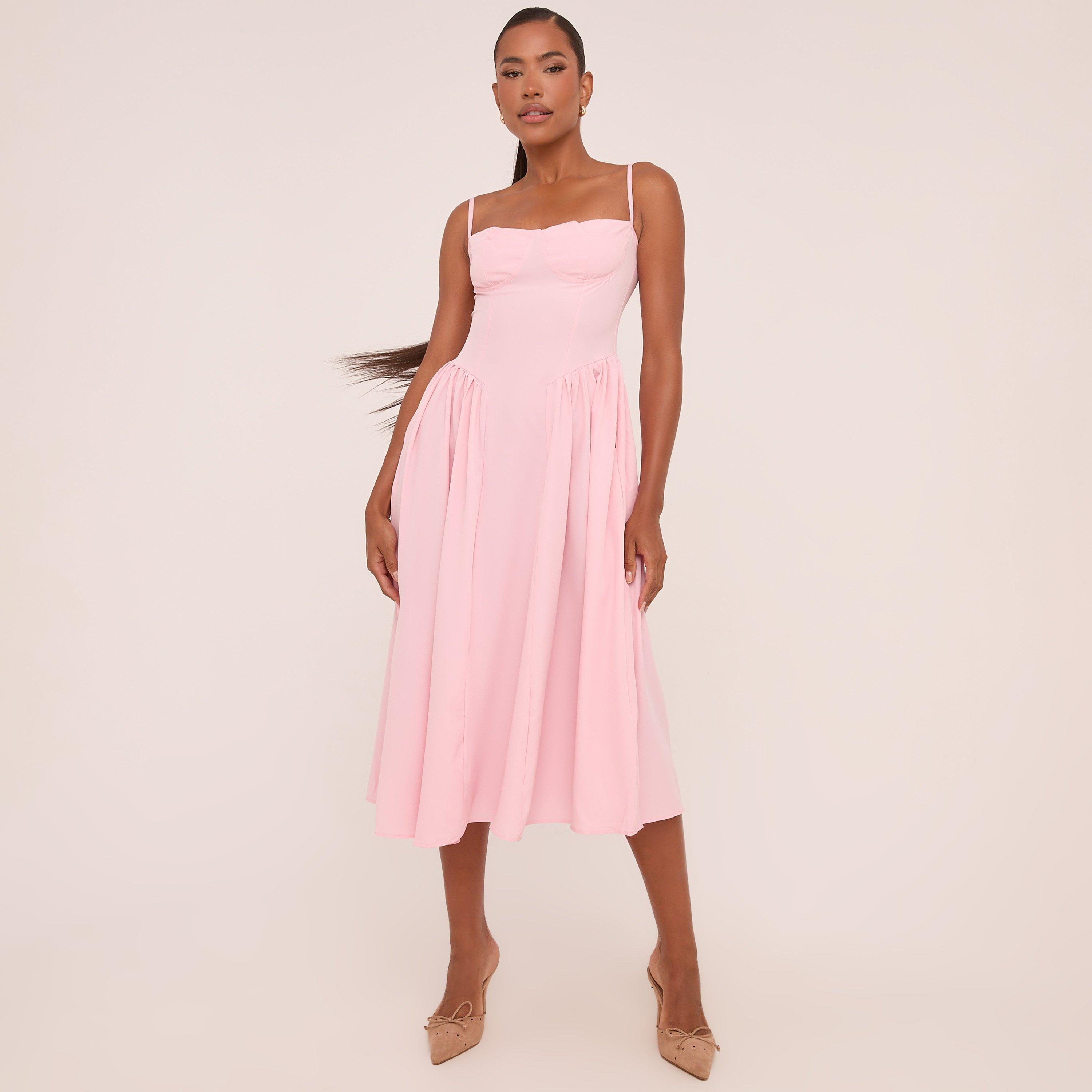Strappy Pleated Skater Midaxi Dress In Pink, Women’s