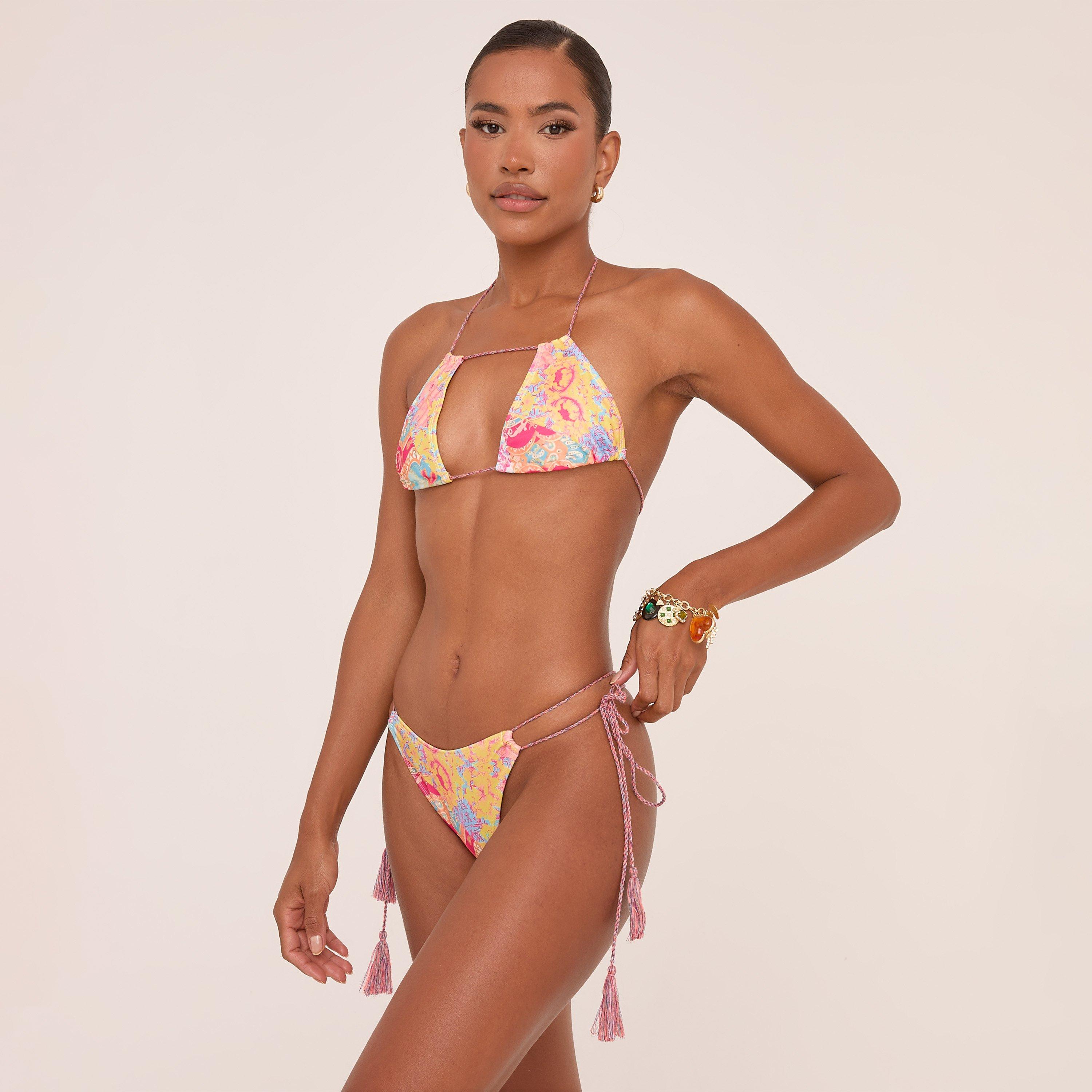 Tassel Detail Bikini Set In Pink Paisley Print, Women's Size UK 14