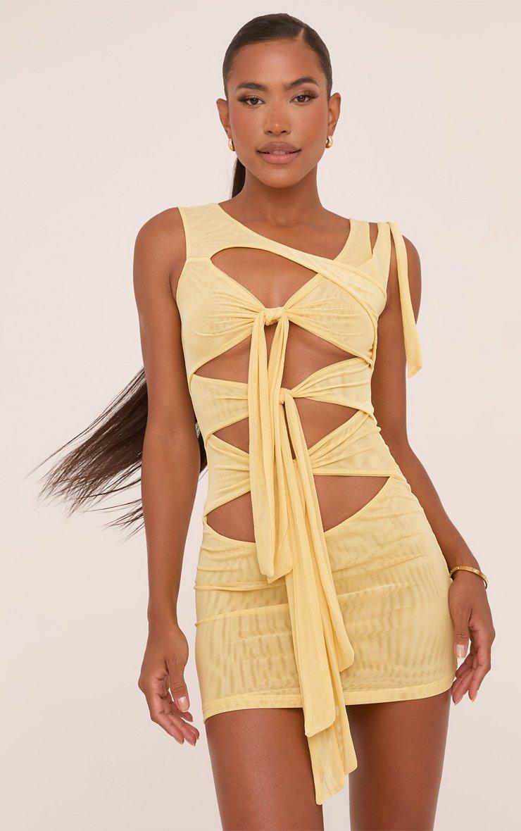 Sleeveless Tie Front Cut Out Mini Bodycon Dress In Yellow Mesh | EGO US |  EGO