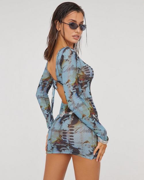 Long Sleeve Backless Thong Detail Mini Bodycon Dress In Black