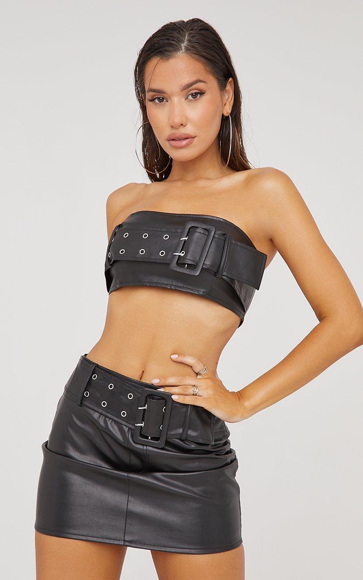 High Waist Buckle Belt Detail Mini Skirt In Black Faux Leather