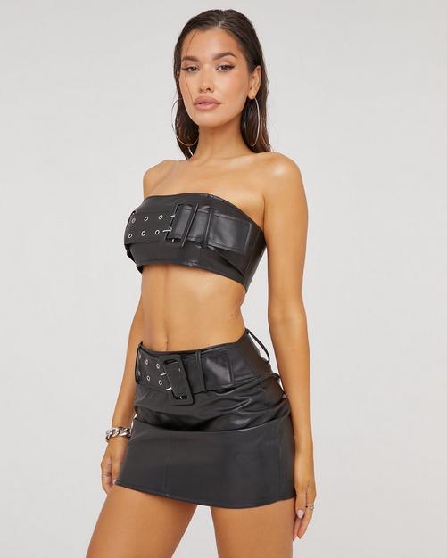 Lace Up Detail Bandeau Corset Top And Micro Mini Skirt Co-Ord Set In Black  Faux Leather