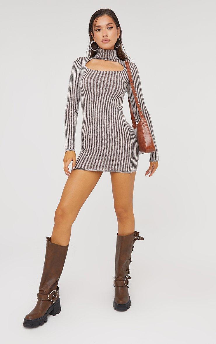 High Neck Long Sleeve Cut Out Detail Contrast Mini Bodycon Dress In Brown  Knit | EGO US | EGO