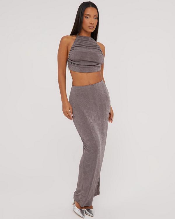 Grey Slinky Ruched Side Maxi Skirt, Two Piece Sets