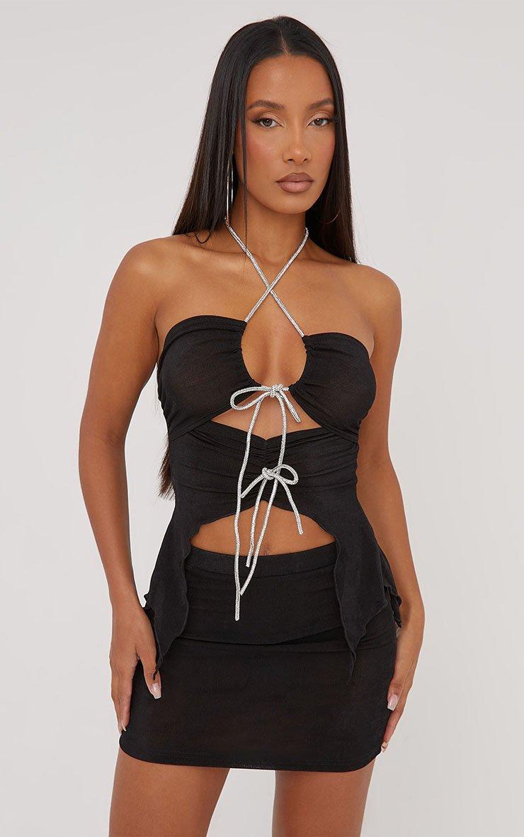 Bandeau Diamante Tie Detail Cut Out Split Hem Top And Mini Skirt